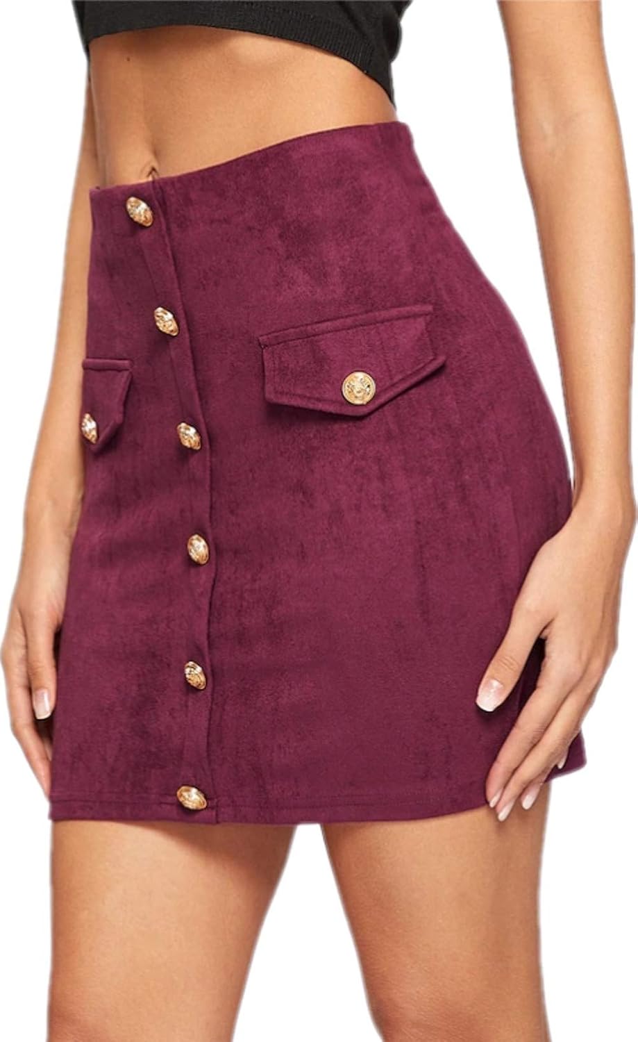katiewens Women's Classic High Waist Button Front Pocket A Line Faux Suede Casual Bodycon Mini Skirt