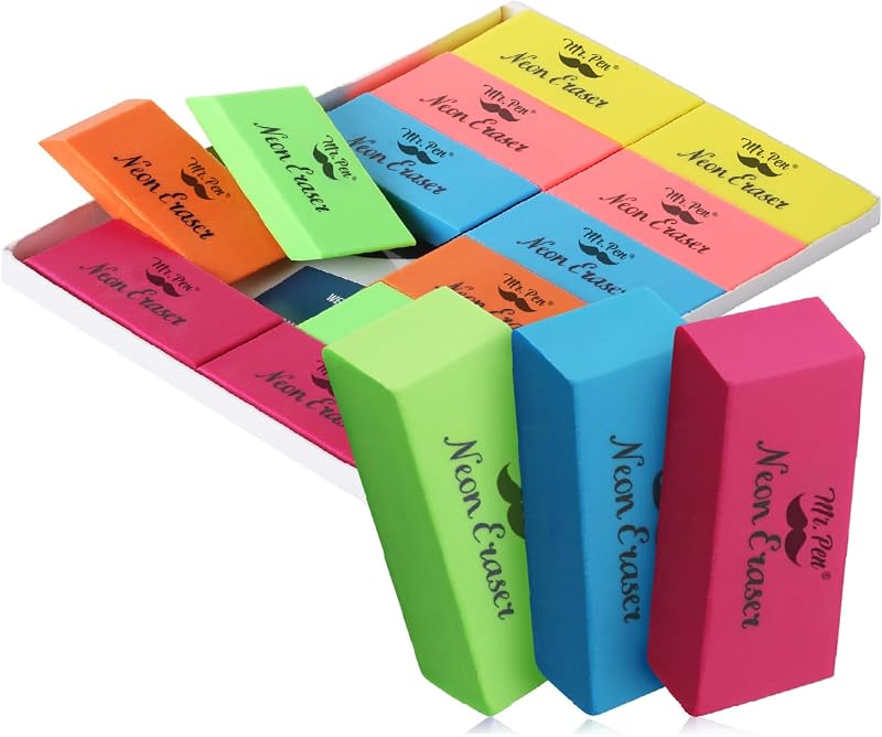 Mr. Pen- Pencil Eraser, 12 Pack, Neon Colors | Bulk Large Latex Free Block Erasers for School, Office, Art Sketching, Homework, Exams, Clean Smudge-Free Correction