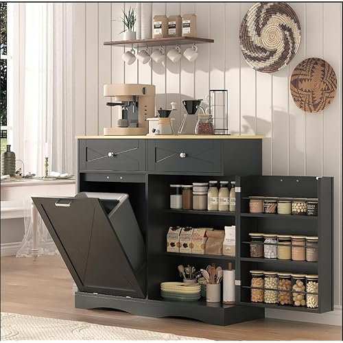 kepptory Tilt Out Trash Can Cabinet for 12 Gallon Trash Can, Modern Kitchen Island Cabinet with Adjustable Shelf and 2 Drawers for Hidden Laundry Basket, Dog Proof Garbage Can, Black