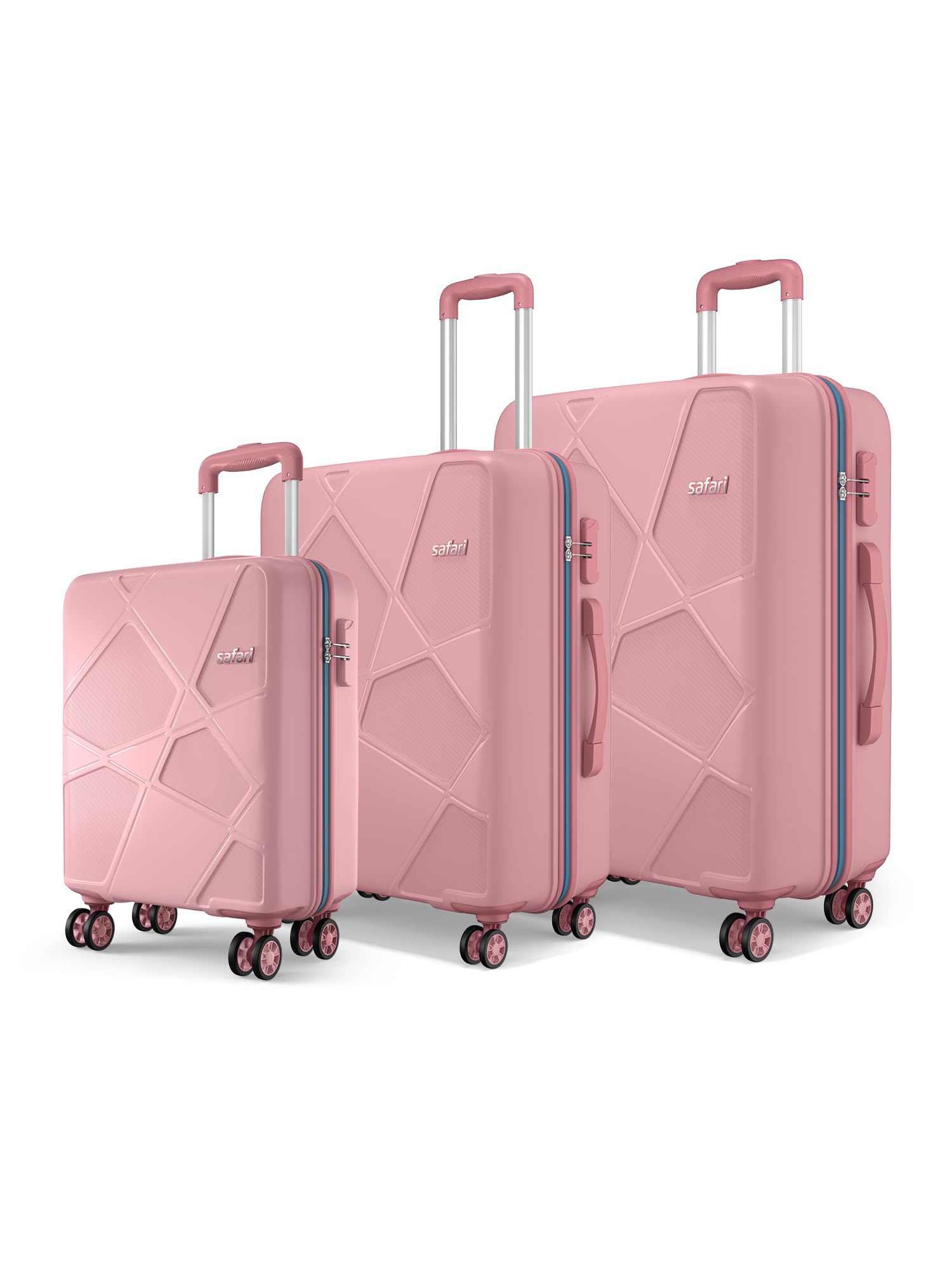 Safari Pentagon Pro 8 Wheels Set of 3 Trolley Bag, Hard Case Polypropylene, 360º Wheeling Small Check in Luggage, Suitcase for Travel, Trolley Bags for Travel, Rose Gold