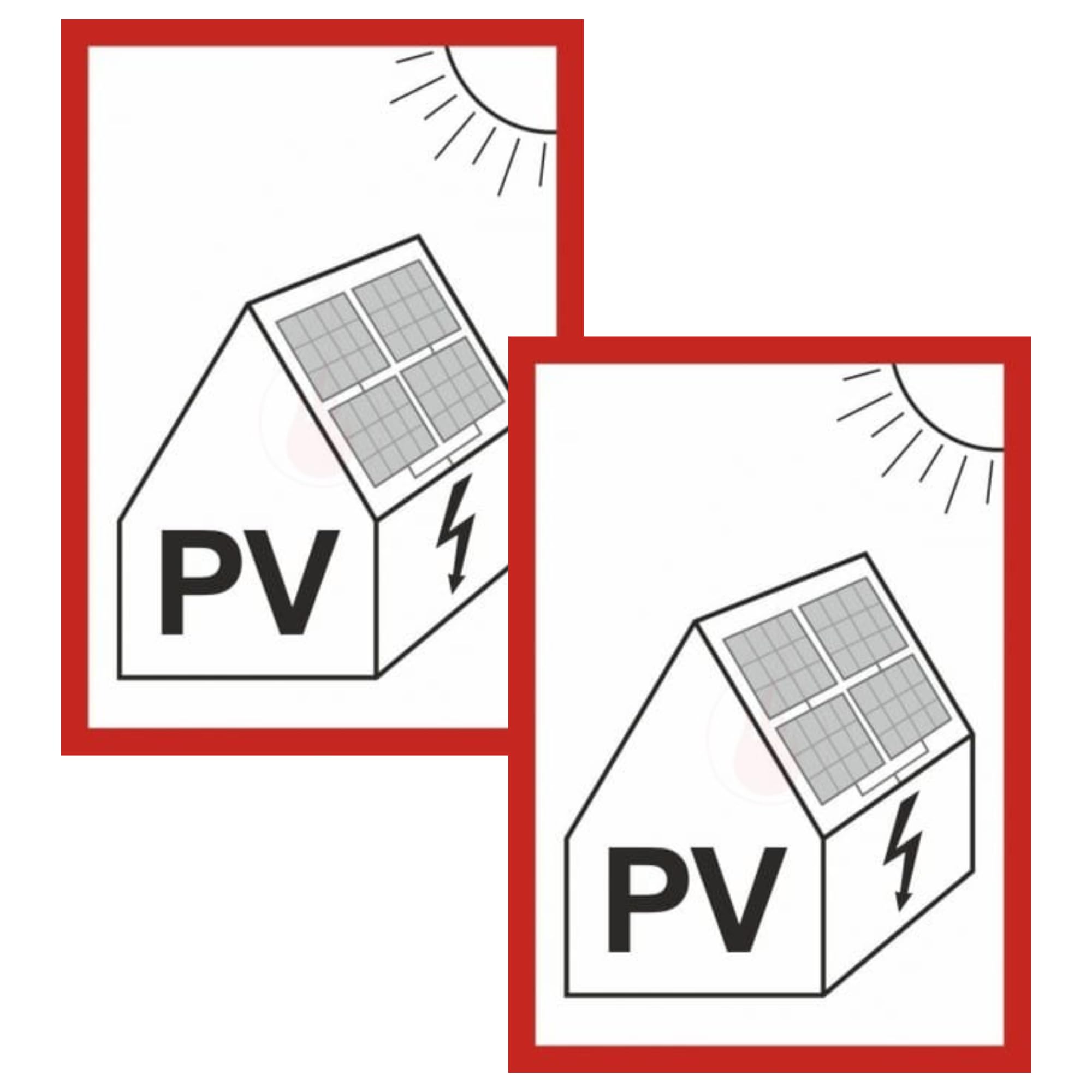 2× tabliczka Instalacja fotowoltaiczna | 15 x 20 cm | Płyta PVC, odporna na warunki atmosferyczne | Do systemów fotowoltaicznych z magazynem energii – do wewnątrz i na zewnątrz