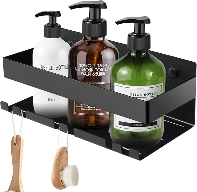 LIVEHITOP Shower Shelf, Bathroom Shelf SUS304 Stainless Steel with Hook Shower Caddy Matt Black for Bathroom (Drilling / No Drilling )