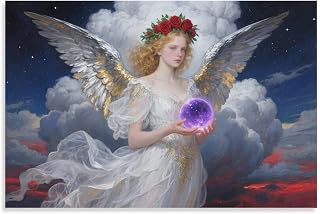 5 Girl with Golden Curls, in White Dress with Gold Details, White Wings. Holds Glowing Purple Orb Amid Starry Sky And Clouds. Oil Painting, Retro, Dreamy. Poster Cool Artworks Painting Wall Art Canvas