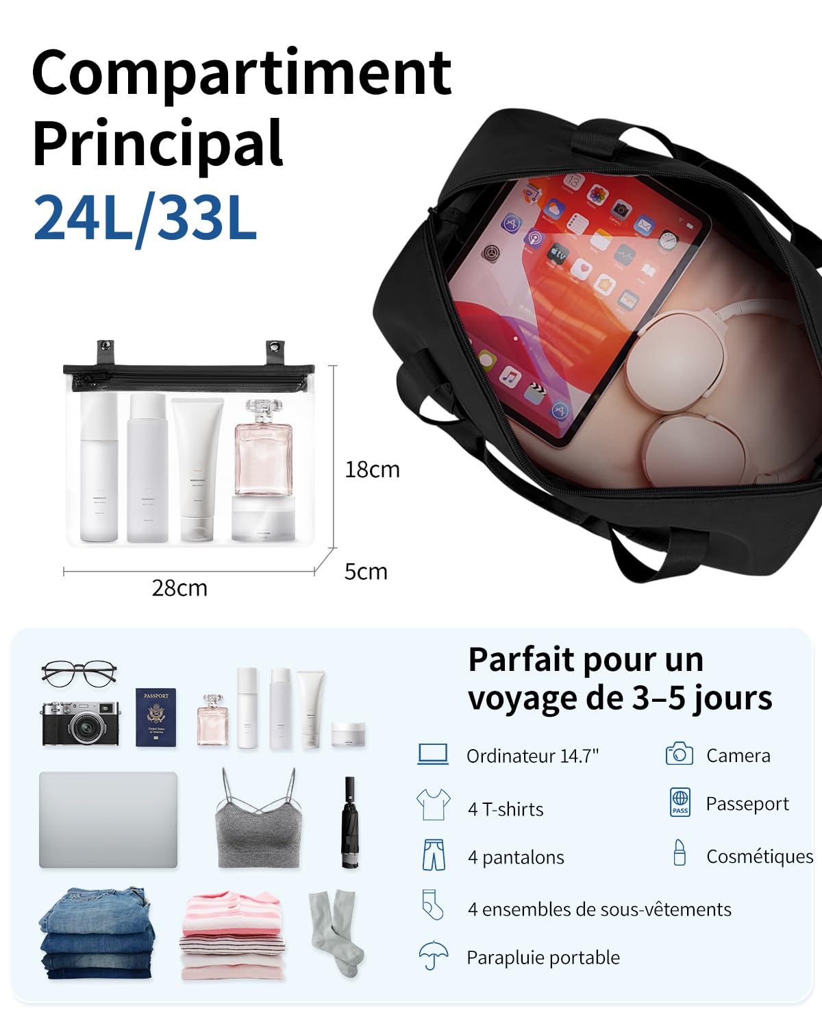ECOHUB Extensible Sac de Voyage Femme, Bagage Cabine 40x30x20, Ryanair Sacs Cabine Avion avec Pochette Humide Amovible, Sac Weekend Maternité, Pet Recyclé Petit Bagage à Main, Noir, 20L-28L