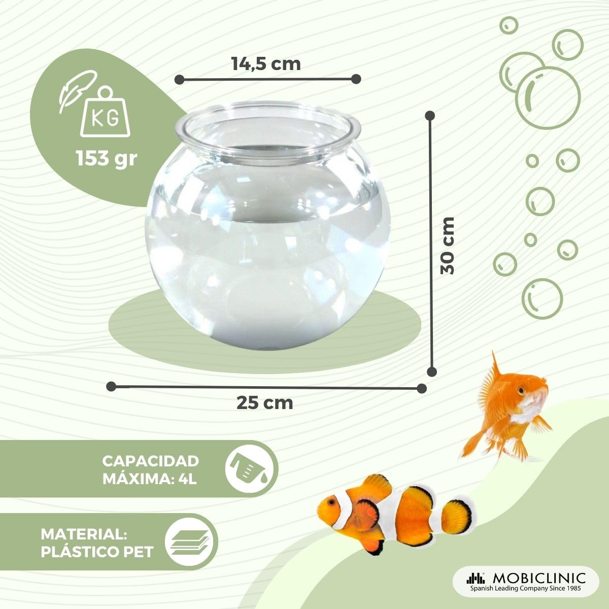 Mobiclinic® Pets, Pecera pequeña, Nemo, 4 litros, Plástico Pet Eco, Redonda, Diseño Transparente, 20x20x17, 5cm, Fácil Limpieza, Resistente, Ideal para decoración del hogar, Hierbas acuáticas