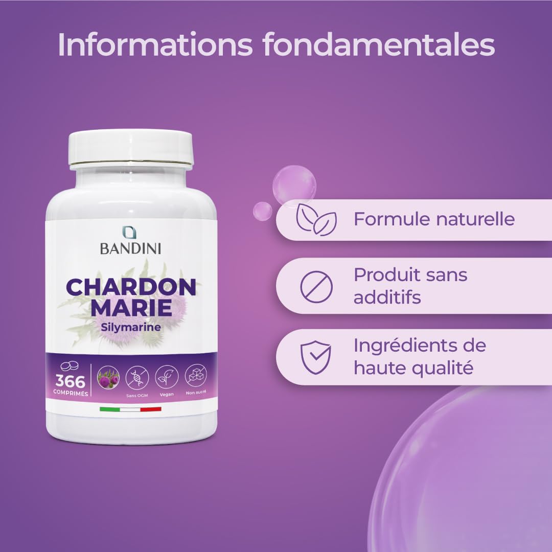 Bandini® Chardon-Marie 366 comprimés de 300mg | 1200 mg/jour, Extra Fort | Supplément alimentaire à base de silymarine | Régénérant Foie, Protection, Détox et Digestion | Naturel et 100% Végétalien