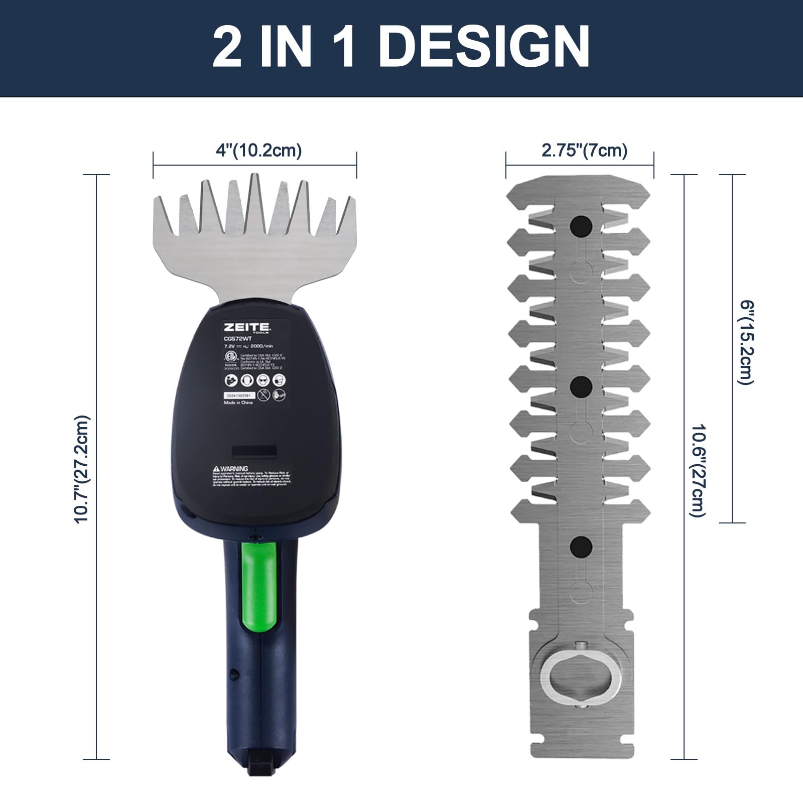 ZEITE - Cortadora de césped y arbustos de 7.2 V, cortador de césped inalámbrico 2 en 1 y mini cortasetos, batería recargable de iones de litio y cargador, mango largo, herramienta versátil de jardín