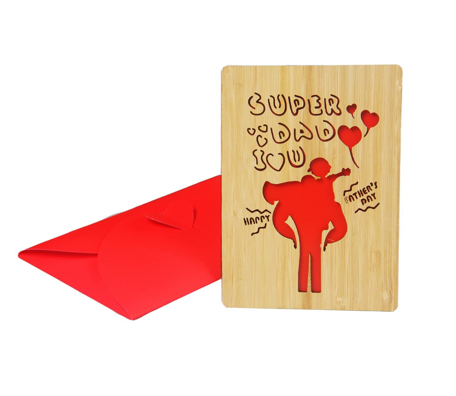 Father Day Bamboo Wood Super Dad I Love you Card, Handmade Wooden Greeting Card Sweet Gifts for Anniversary, Wedding, Husband, Grandpa Birthday