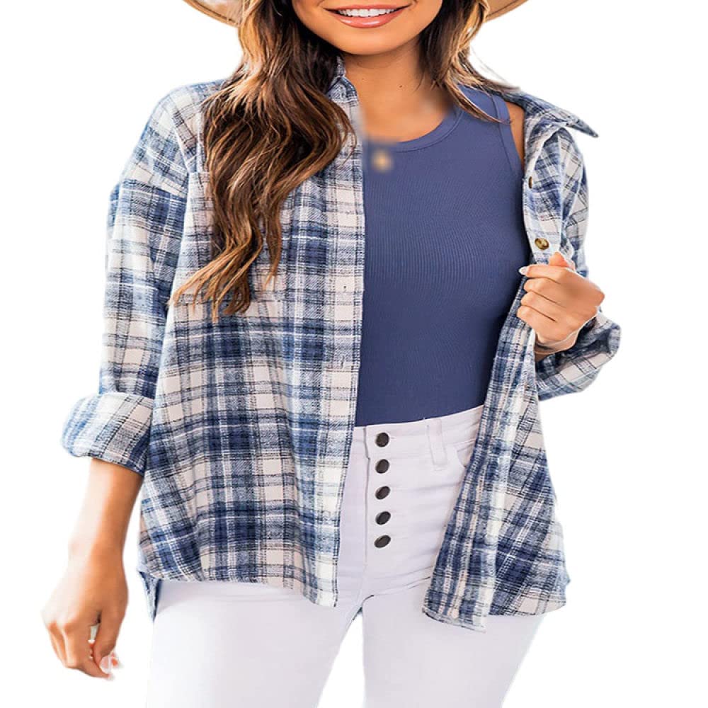 Bluse Damen,Damen Classic Fit Langarm Flanellhemd Dunkelblau Lässiges Kariertes Hemd Herbst Winter Lose Warmer Mantel Zarte Knopf Revers Top Damen Langarmhemd