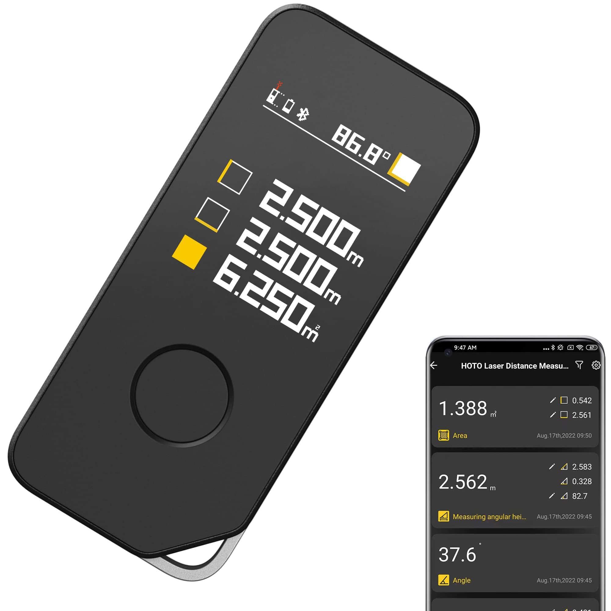 HOTO Medidor Láser Pro con Bluetooth, USB-C Recargable, 5 Modos, Pantalla LED a Color, 850 mAh, 0.05-50m, Unidad M/Ft/in, Herramienta de Medición Láser de Alta Precisión con Regla Virtual
