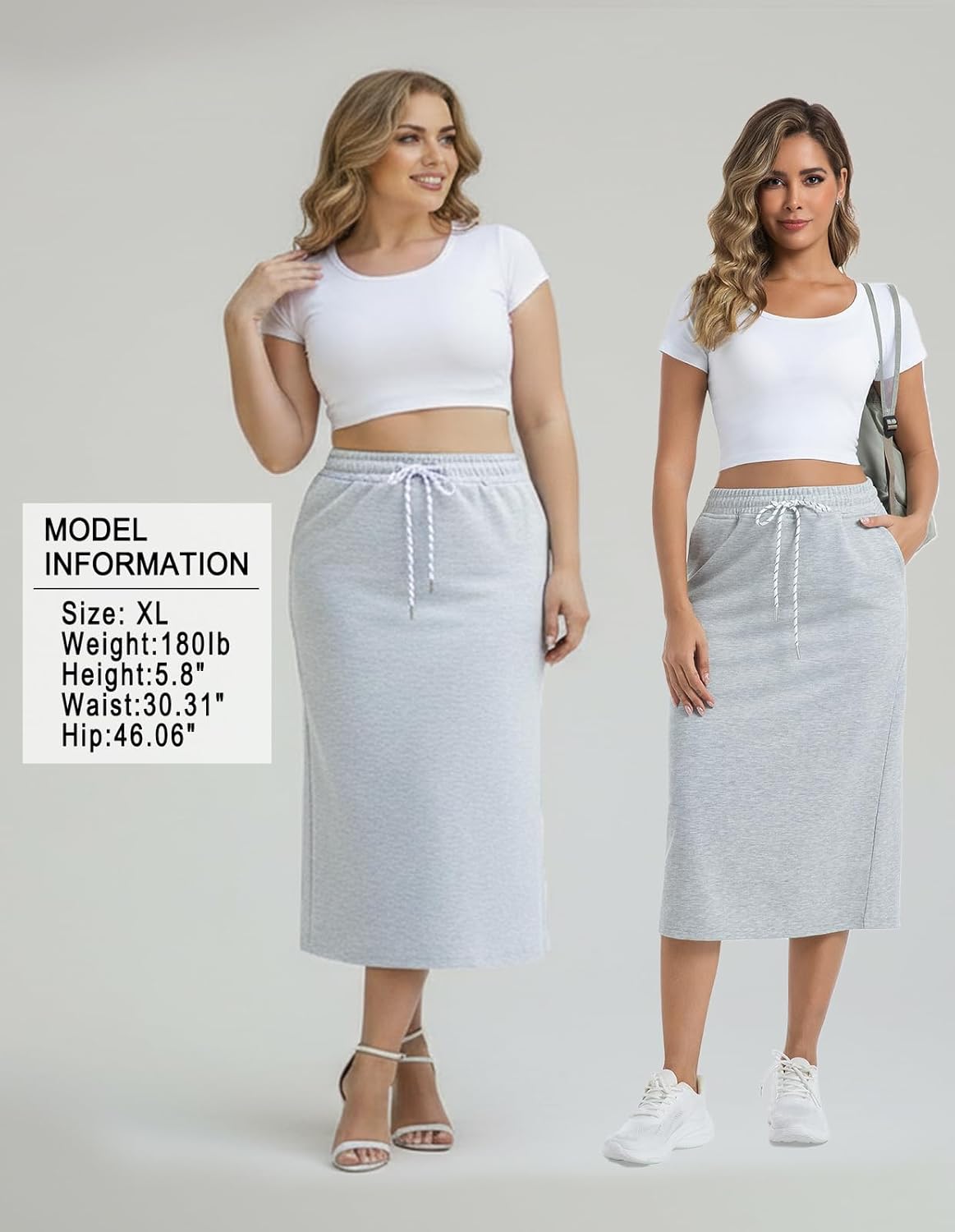 Women's Casual High Waist Elastic Drawstring Stretch Sweat Slit Midi Skirt with Pocket - Image 3