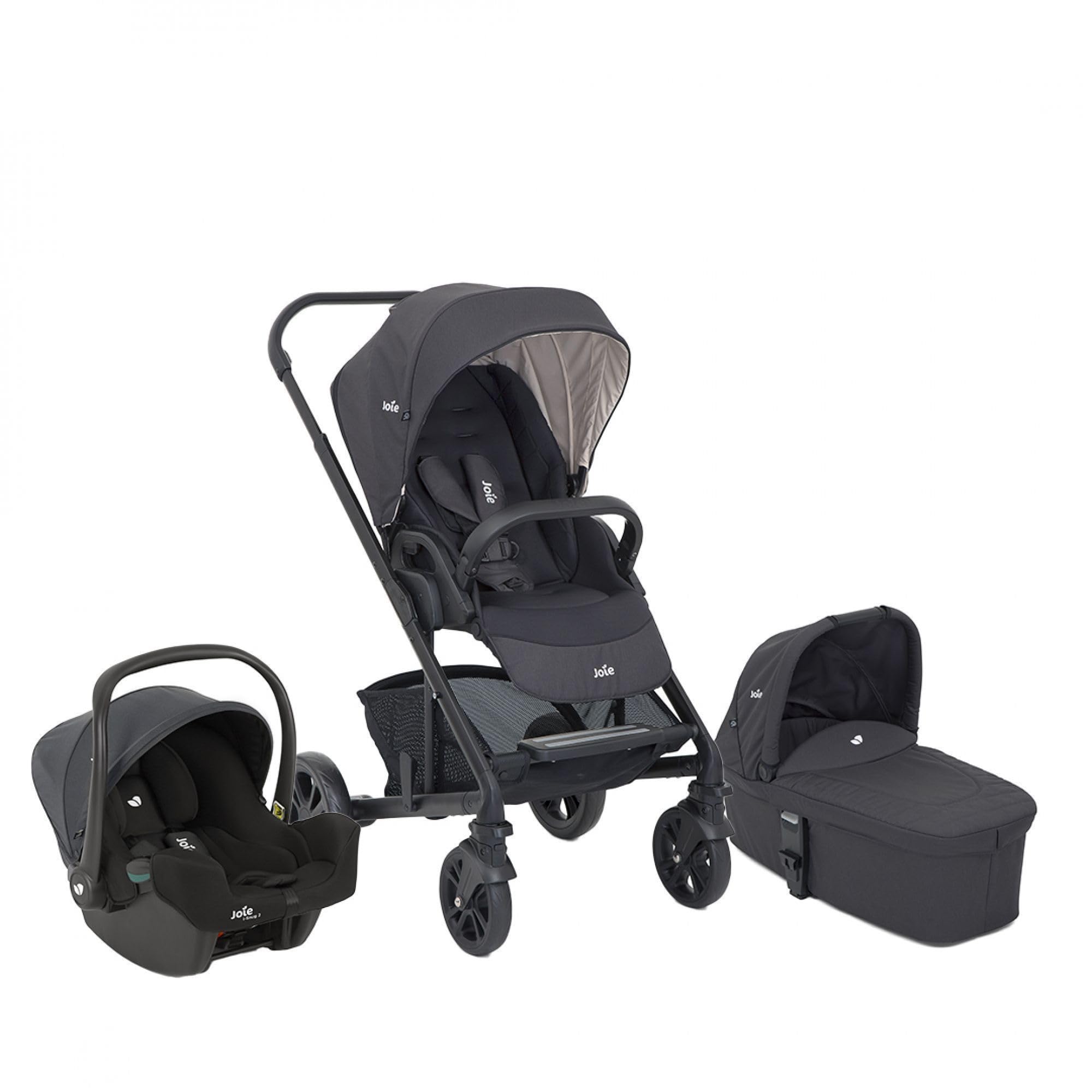 Joie Chrome Trio Reisesystem, leicht faltbarer Buggy, flache Liegeposition, Regenverdeck, Babywanne & i-Snug 2 Babyschale, 0–22kg