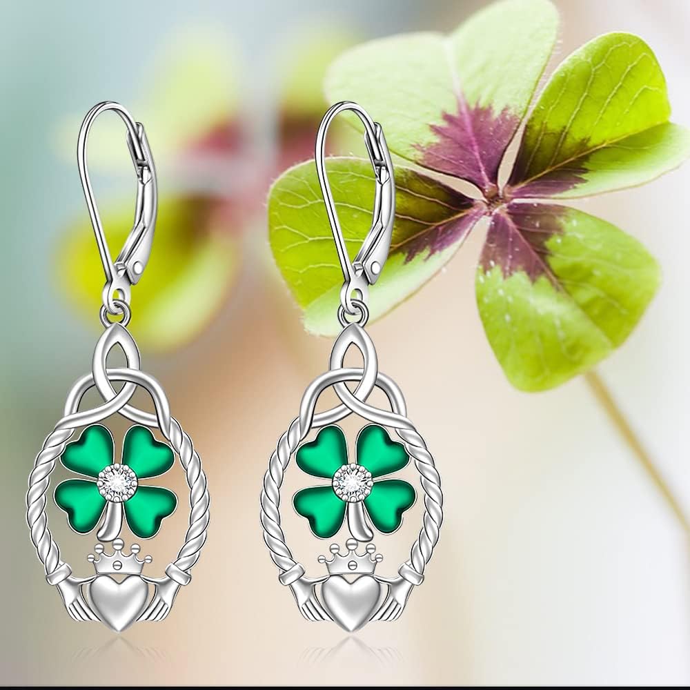 St Patricks Day Earrings Shamrock Earrings for Women Four Leaf Clover Sterling Silver Irish Celtic Claddagh Green Shamrock Dangle Lucky Jewelry Gifts - Image 9
