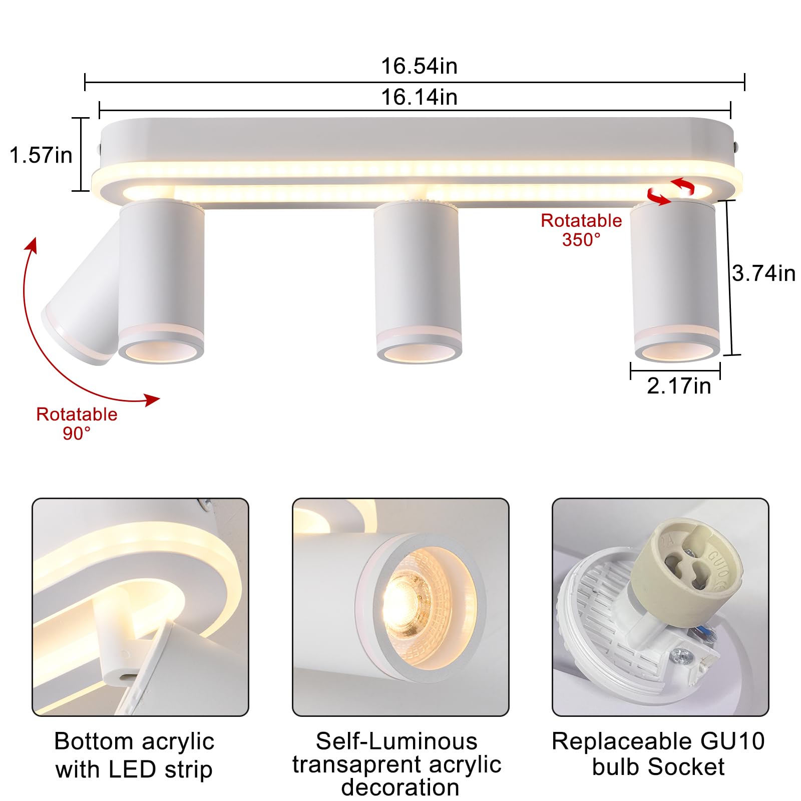 MYCUL LED Deckenstrahler 3 Flammig Schwenkbar 350°, Deckenleuchte mit unteres Glühen 27W+3x5W GU10 Spots,3000K Warmweiß Deckenspot strahler,Modern Deckenlampe Lampe,Spotleuchte für Küche,Flur-Weiß