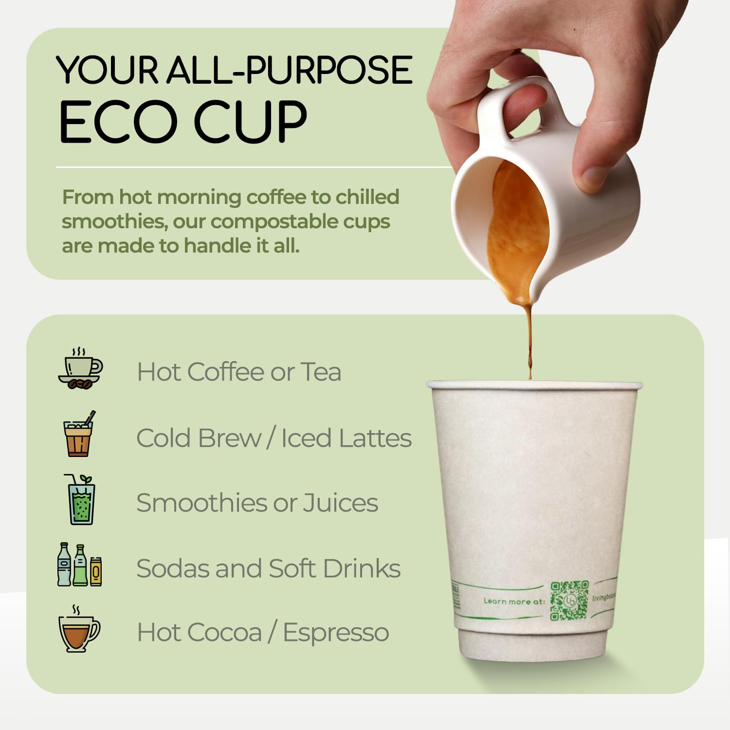 Vasos Desechables de Café Compostables con Agitadores, Mangas Integradas y Tapas de Bagazo. Certificado Biodegradable | [75 Unidades – 12 Onzas]