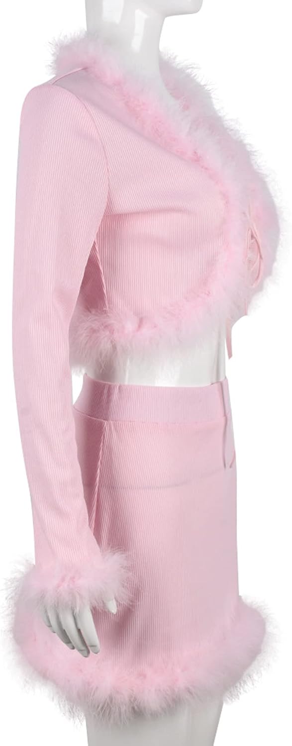 Women Sexy 2 Piece Outfits Rave Tie-up Feather Trim Fur Long Sleeve Cardigan Deep V Blouse - Image 7