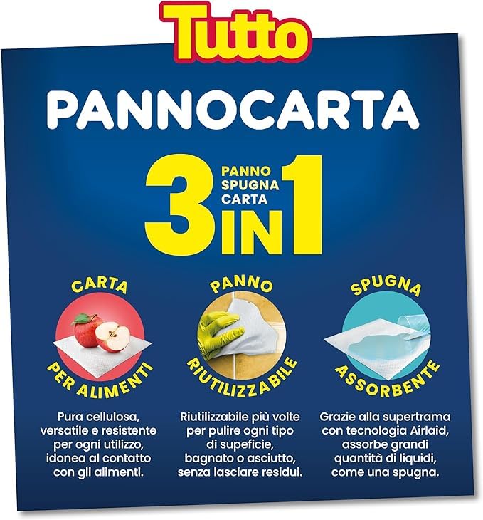 Tutto Pannocarta 3 in 1, 24 Rotoli di Carta Multiuso, 1 Velo, 48* strappi, Extra Assorbente, Lavabile e Riutilizzabile più di 20 Volte, 100% Made in Italy