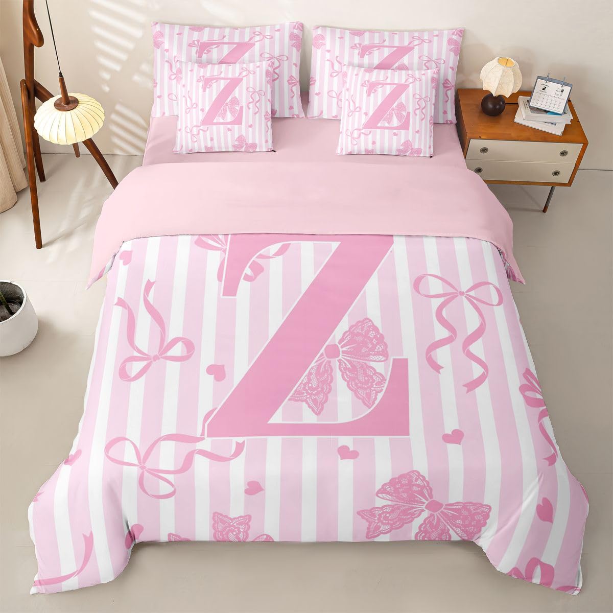 Loussiesd Juego de ropa de cama de 7 piezas con diseño de lazo rosa y blanco, para niños y niñas, con funda de edredón, sábanas, fundas de almohada, fundas de cojín, tamaño Super King