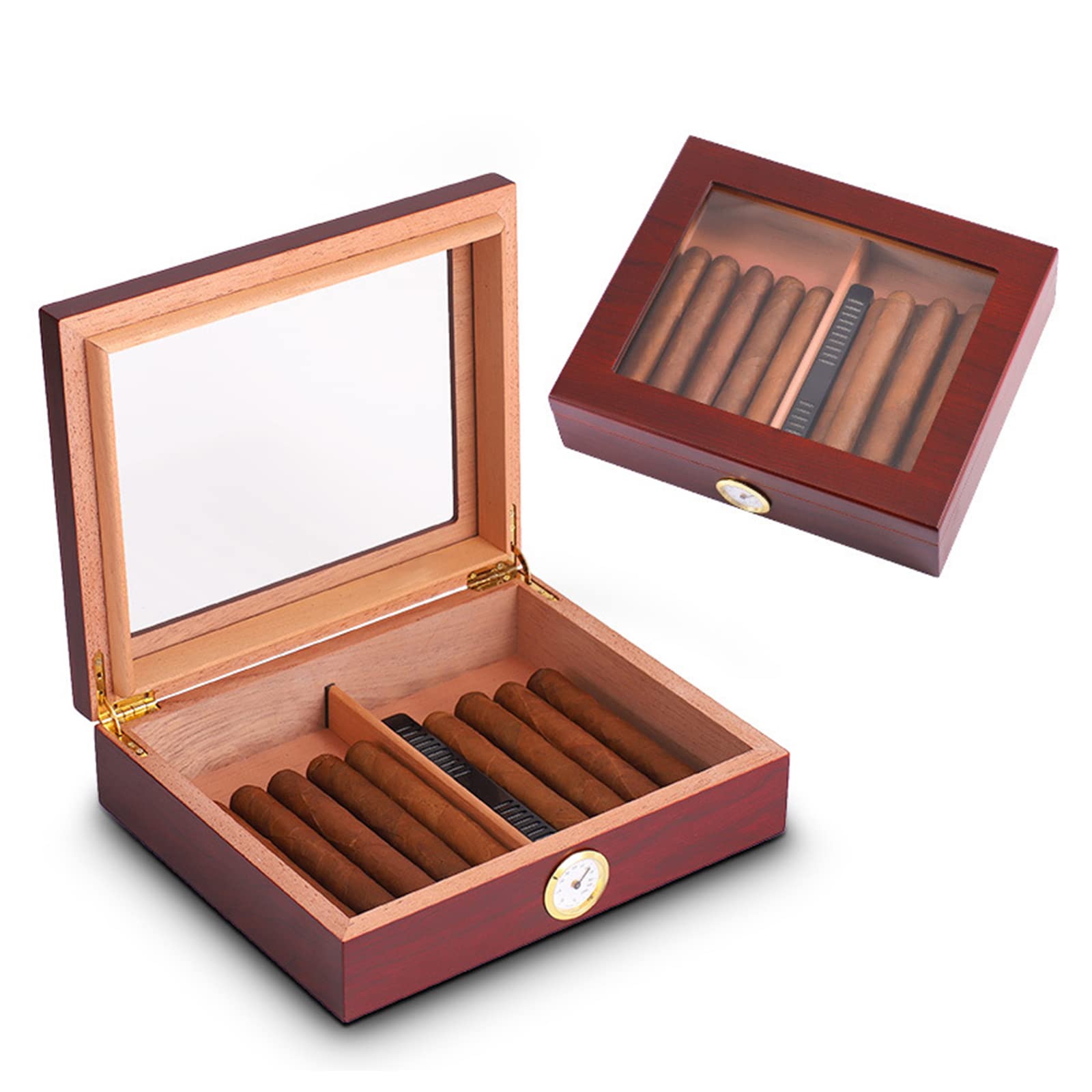 BOWIN Cigar Humidor Cedar Cigar Desktop Box with Humidifier and Hygrometer Glass Top for 20-25 Cigars(Red)