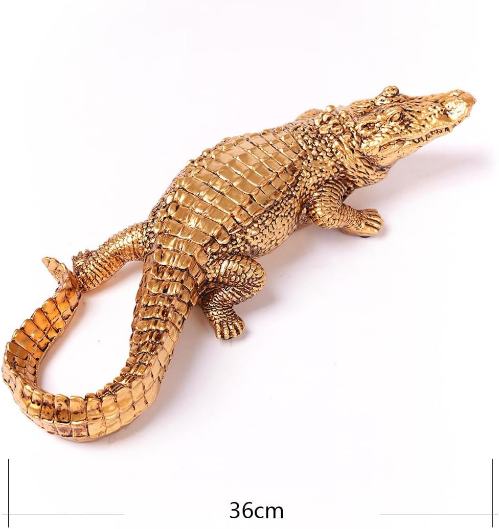 HAUCOZE Gold Crocodile Sculpture Animal Figurine Modern Home Decor Polyresin Table Centerpiece Gift 14.2 Inch