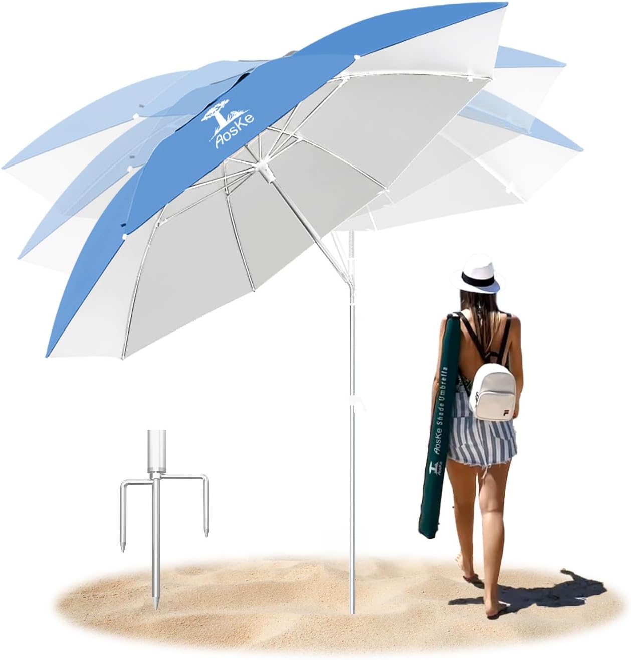 Beach Umbrella 7FT Portable - Patio Umbrella with Sand Anchor Tilt Vent - UPF50+ UV Protection with Carry Bag - Windproof Sunshade Shelter for Patio Garden Beach Pool Backyard - Sky Blue