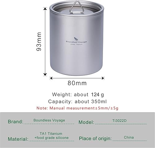 Miniatura 2 de Boundless Voyage Taza de titanio para acampar de 11.8 fl oz, taza de doble pared con tapa, taza de café ultraligera para picnic al aire libre,