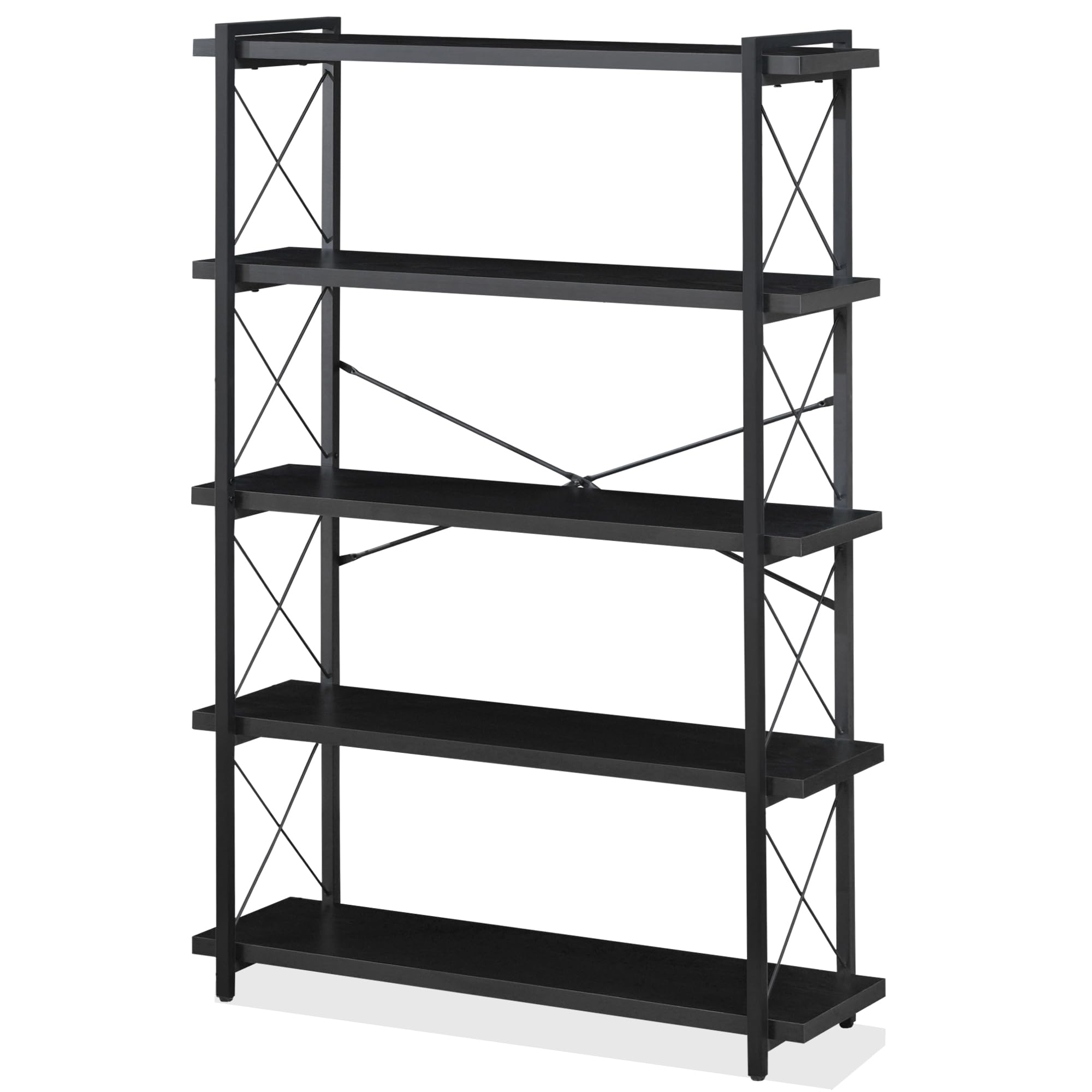 HCHQHS Bookshelf, 5-Tier Industrial Bookcase, Black Open Book Shelf, Freestanding Tall Bookshelves with Metal Frame