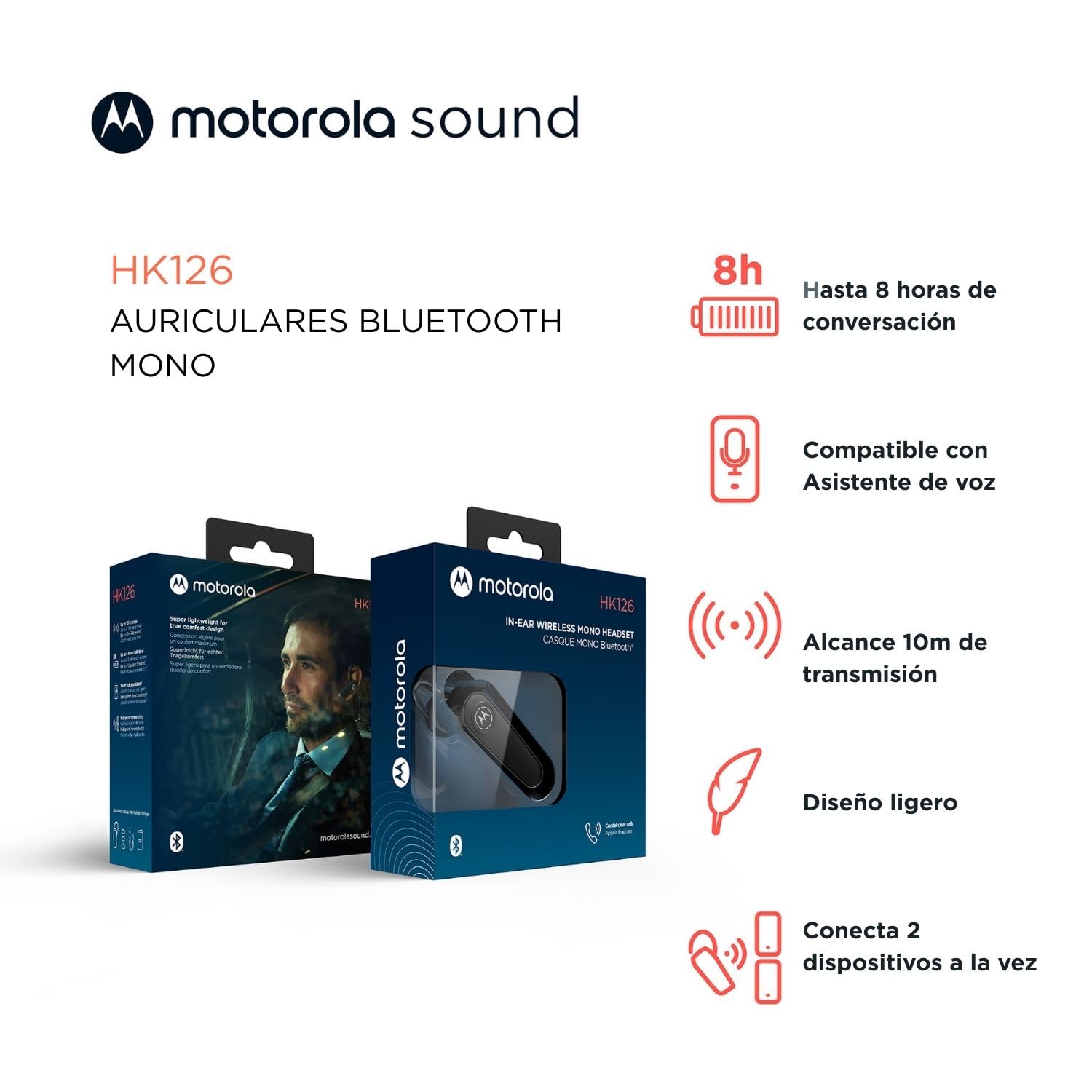 Motorola Sound - Auricular Bluetooth HK126, Auriculares Inalámbricos Mono Bluetooth Intrauditivos con 8 Horas de Tiempo de Conversación, Compatible con Asistente de Voz, Conexión a 2 Dispositivos