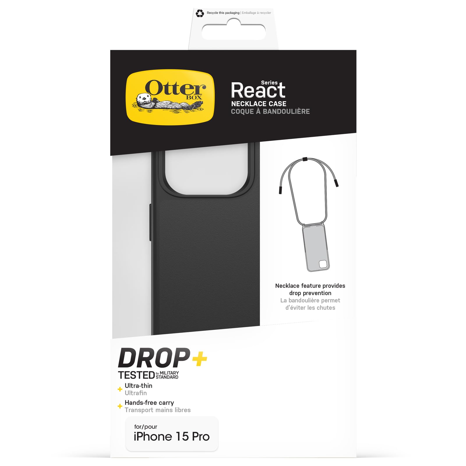Otterbox Cover React Necklace con MagSafe per iPhone 15 Pro, sottile, resistente a shock con cordino a collana, adattabile e intercambiabile, testata a norme MIL STD 810G, Nero