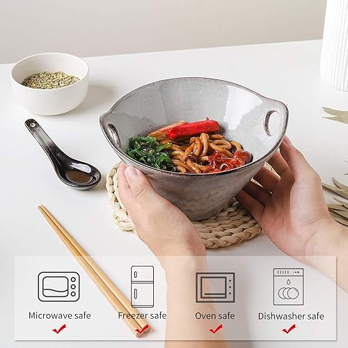 Miniatura 6 de KOOV Juego de 2 tazones y cucharas de ramen de porcelana, cuencos de fideos japoneses para ramen con palillos y cucharas, cuenco de fideos profundos