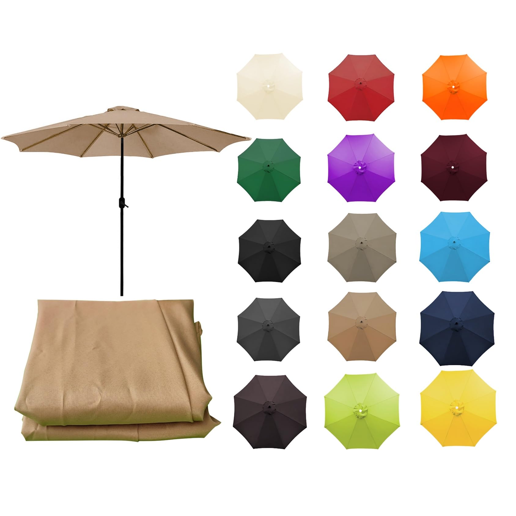 Patio Umbrella Replacement Canopy, 6/8 Ribs Sun Umbrella Replacement Cloth - Garden Parasol Canopy Cover For 2.0m-6 Arms & 3.5m-8 Arms(Khaki,6 ribs-300cm/9.8ft)