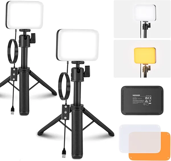NEEWER BASICS 2 Pack LED Video Panel Desk Light, Video Conference Lighting Kit with Desktop Tripod Stands/Filters for Webcam Computer Laptop Zoom Call Makeup Recording Selfie Streaming, Dimmable, BP66