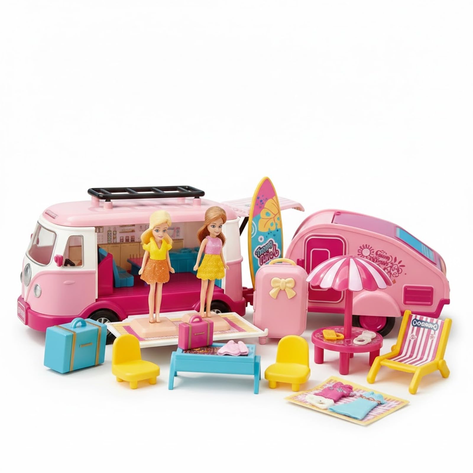 SDMAX Campervan Doll Playset For Kids, Vibrant Accessories Surfboard, Suitcase, Beach Chairs, Umbrella, Small Table, Eye Catching Design, Pretend Play Set