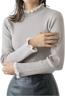 [ピエロ] レース付 ハイネック リブニット ニット セーター レーヨン混 レディース