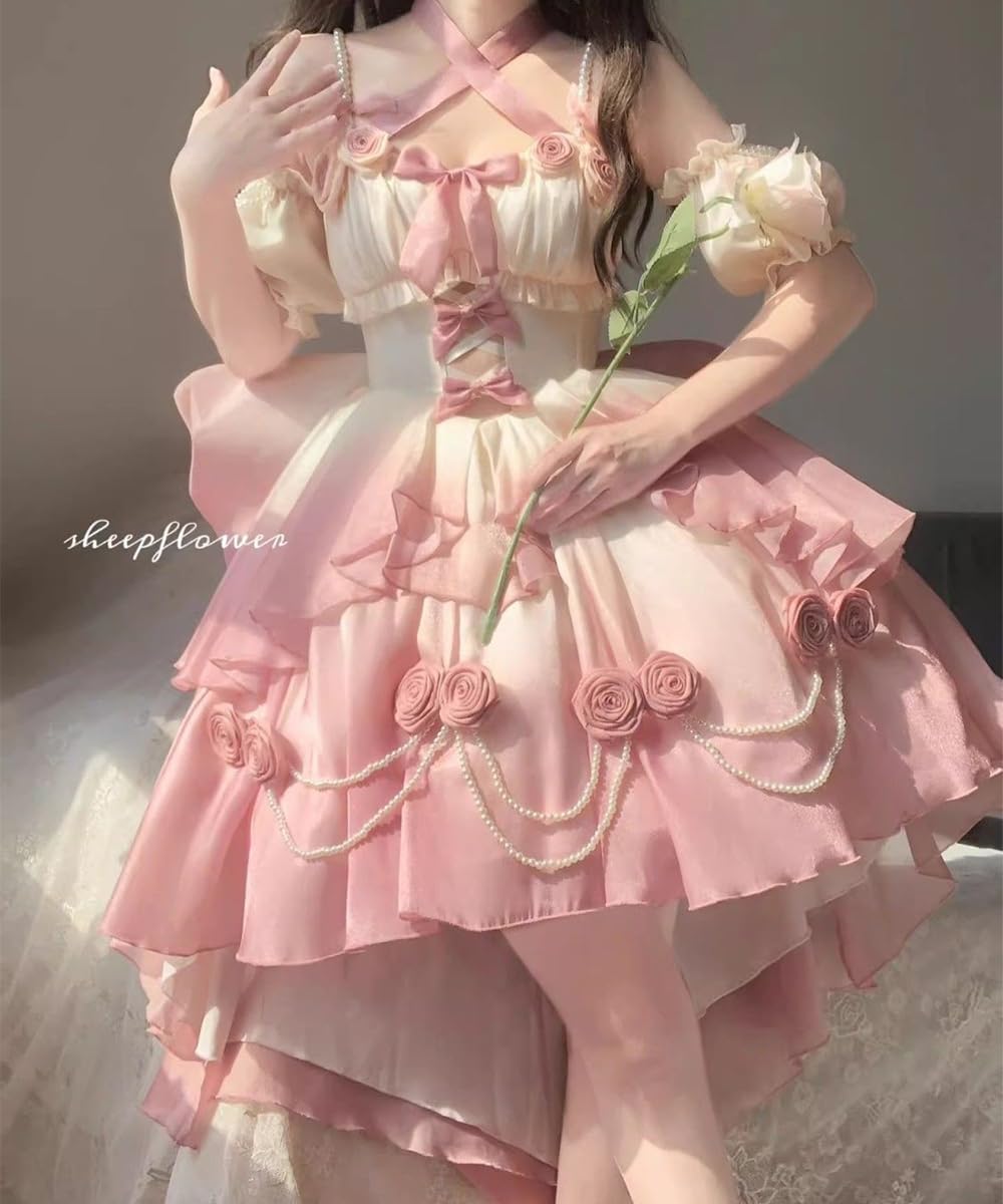 Pink Lolita Dress for Women Girls, Kawaii Princess Dress for Cosplay Costumes, Lace Layers Maid Outfit Sleeveless - Image 2