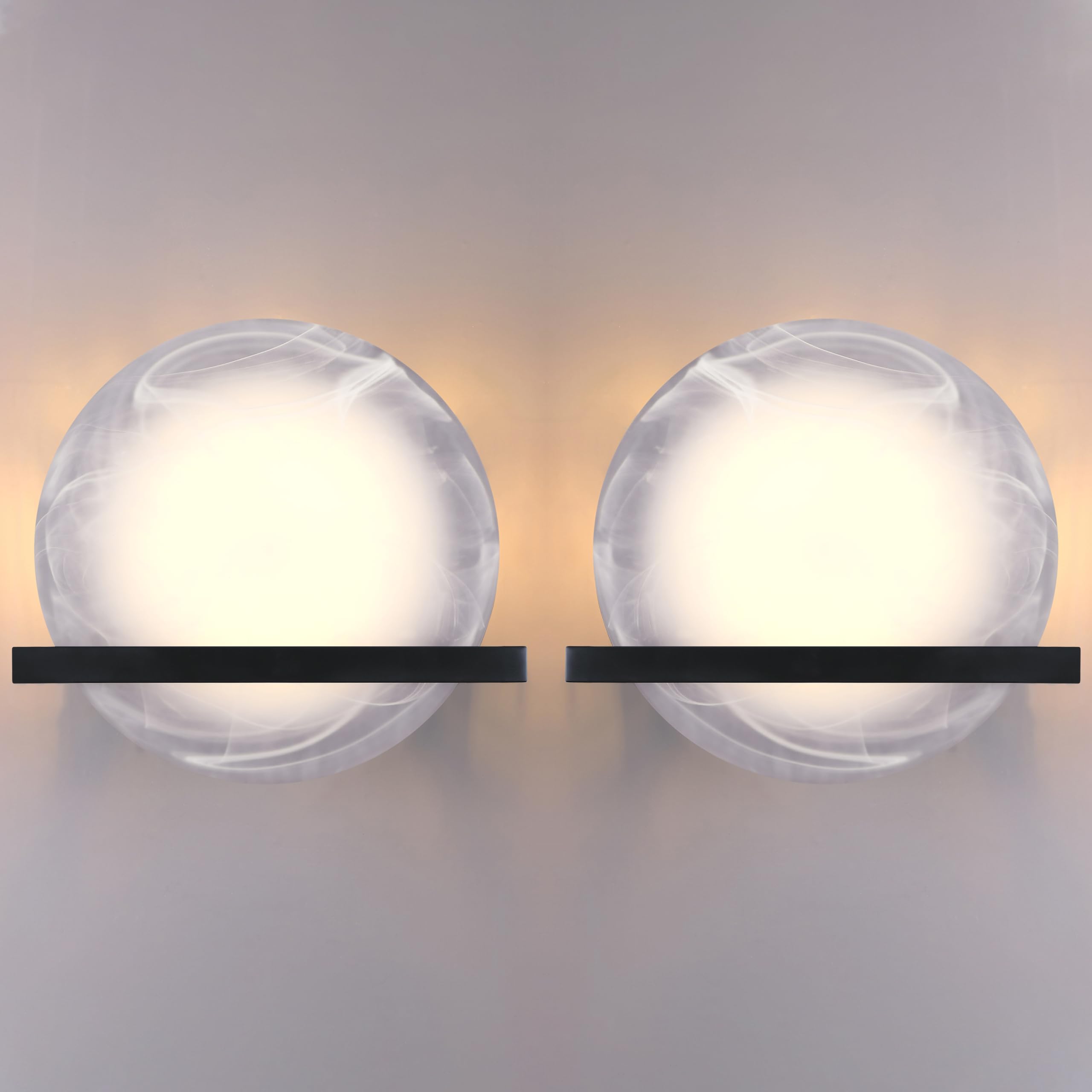 10" Round Frosted Glass Bathroom Wall Sconce Concise Style 2 Pack 2 Light Wall Light Fixture,Black Finish for Bedroom Hallway Bedside Living Room