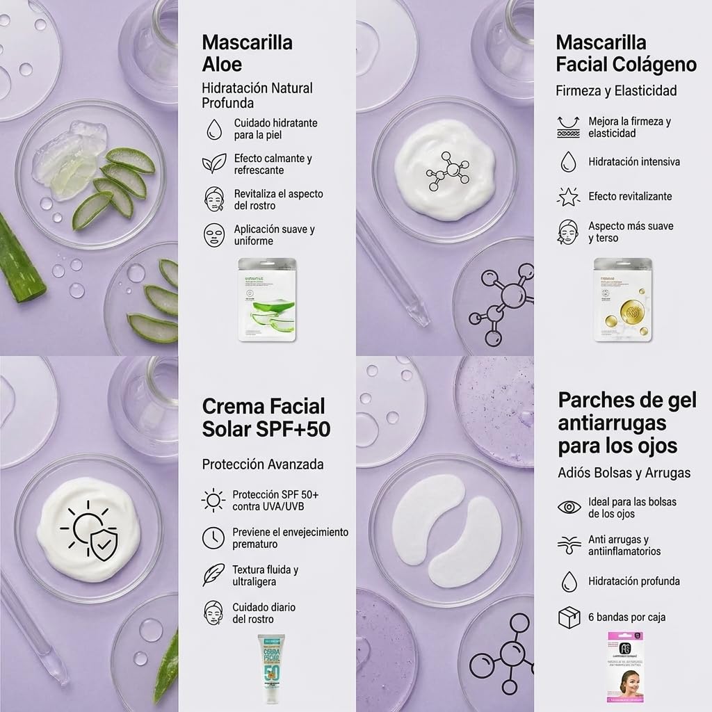Rose & Rose Kit de Cuidado Facial Completo | Crema Solar Facial SPF 50+ + Mascarilla de Colágeno + Mascarilla de Aloe Vera + Parches de Gel para Ojos | Hidratación, Protección y Revitalización Facial