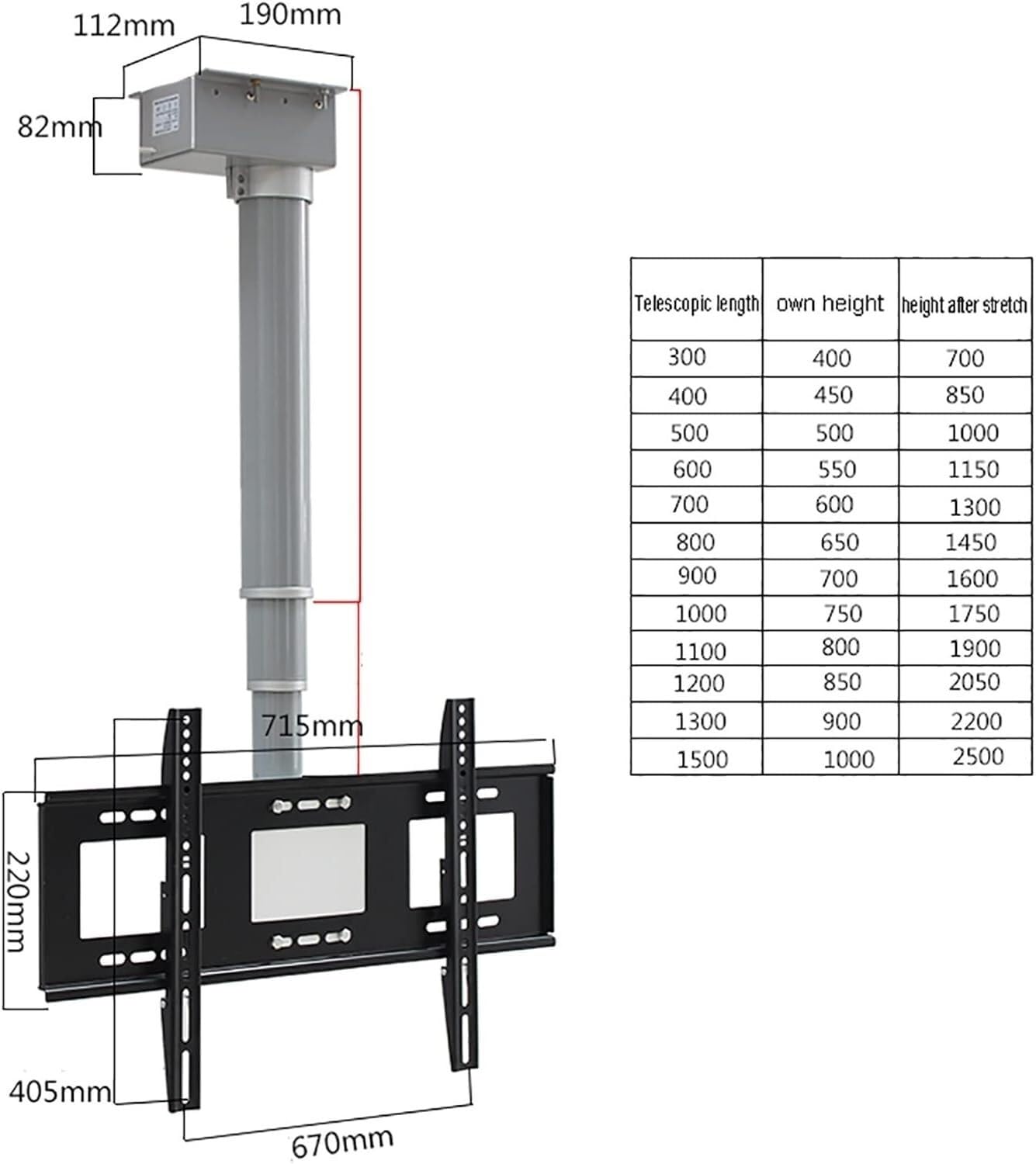Soporte eléctrico de pared para TV con control remoto para pantallas LED de 66 a 190 cm, cubierta abatible de 90°, apto para techo de 700 mm