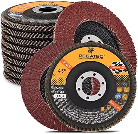 PEGATEC 40 Grit Flap Discs 4 1/2 inch Flap Wheel Type 29 Flap Sanding Disc with 7/8 Arbor Aluminum Oxide Abrasives for Grinding, Blending, Sanding and Finishing - 10 Packs