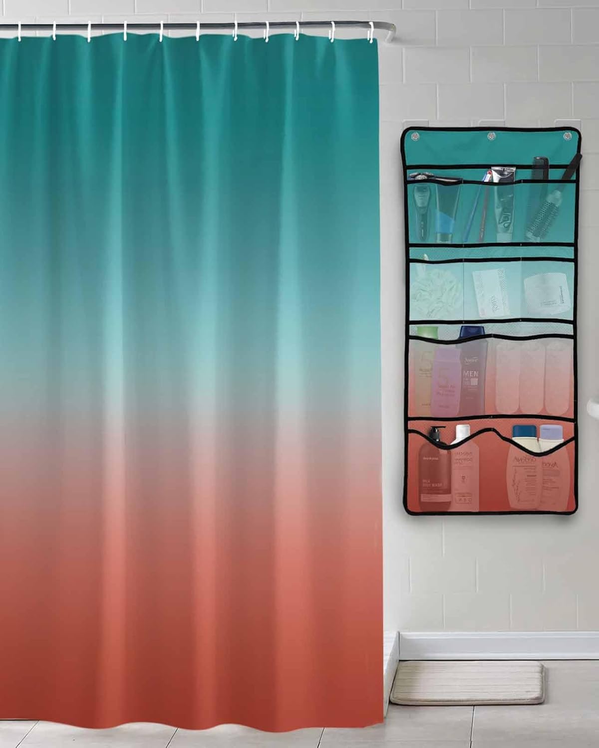 Shower Curtain Mesh Shower Organizer Hanging Set Red Cyan Turquoise Gradient Waterproof Shower Curtains with 10 Pockets Quick