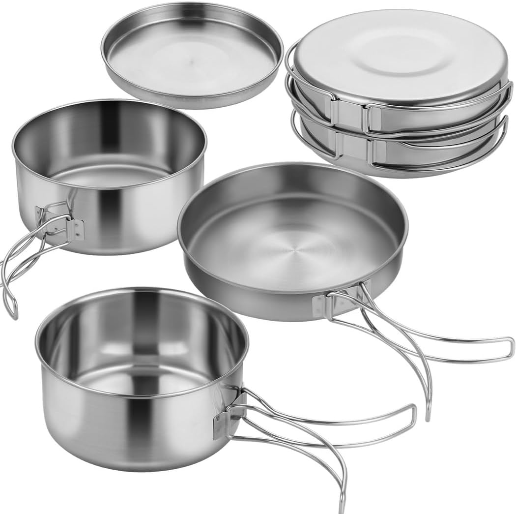 Portable Stainless Steel 4-Piece Camping Cooking Set with Storage Bag, Lightweight Pots, Pan, and Plate for Hiking, Mountaineering, Outdoor Use