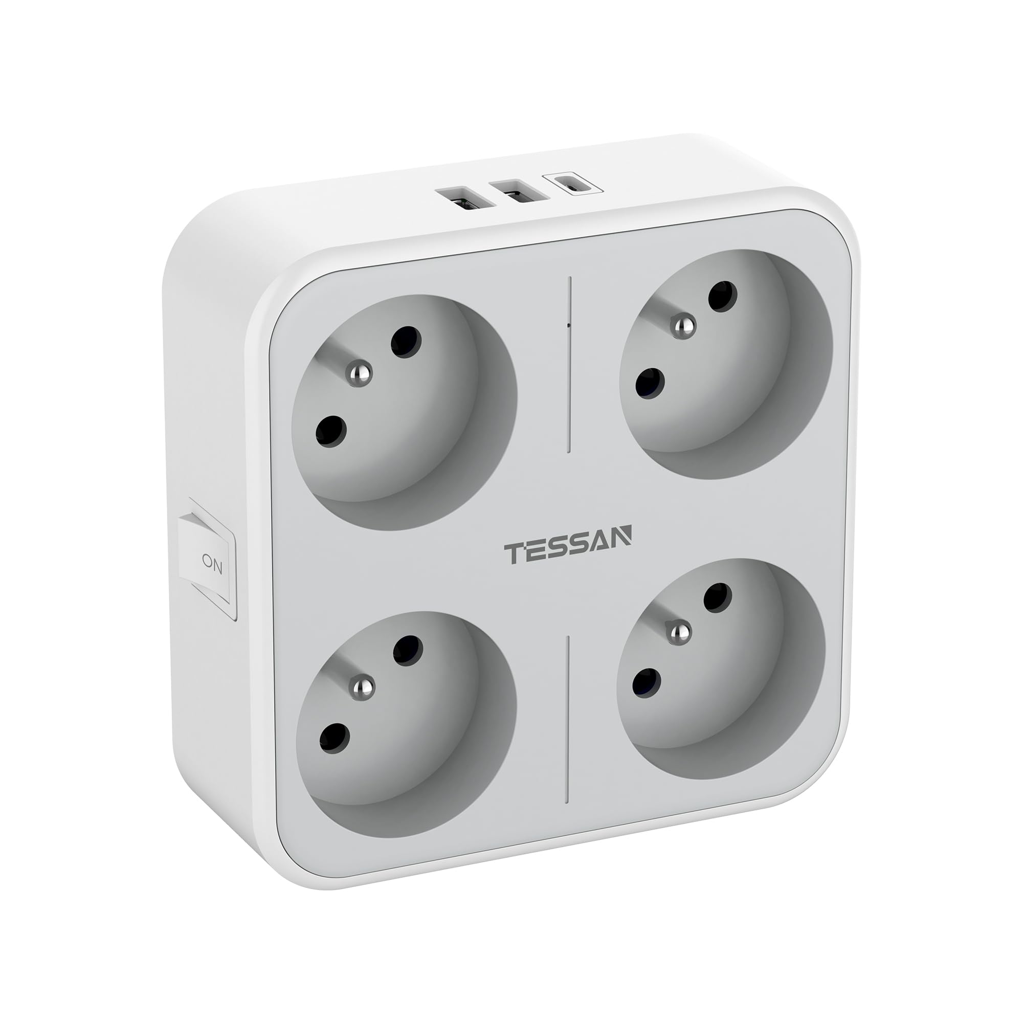 TESSAN Multiprise Murale Française avec 4 Sortie AC et 3 Ports USB, 7 en 1 Prise Électrique 4000W avec Interrupteur, Secteur USB C Gris Convient pour Domicile, Bureau, Compatible pour Phone, Pad