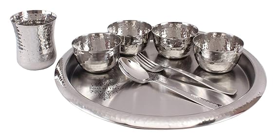 Indian Art Villa Steel Hammer Thali Set of 1Thali, 4 Bowls, 1 Glass, 1 Spoon and 1 Fork (Silver) - Set of 8 Pieces