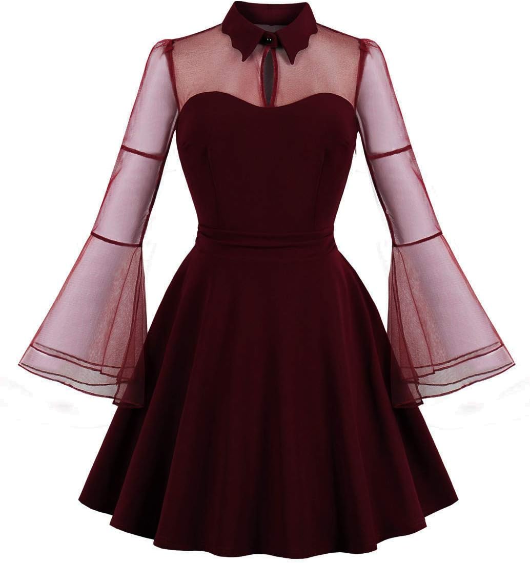 Wellwits Women's Keyhole Mesh Bell Long Sleeve Gothic Cocktail Dress