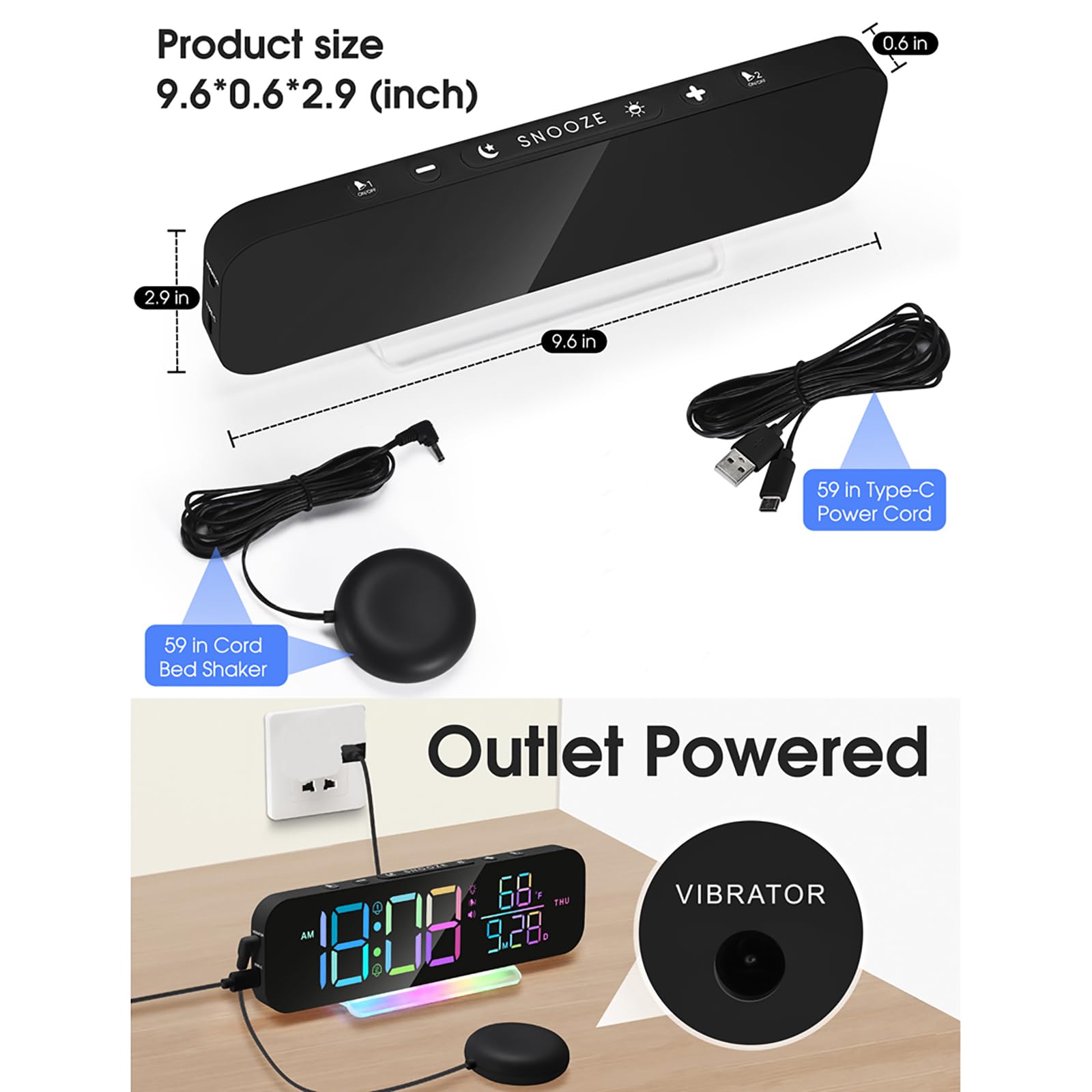 Reloj despertador vibratorio para sordos, alarma digital súper fuerte con agitador de cama, sonido y brillo ajustables, ideal para personas mayores y personas con discapacidad auditiva