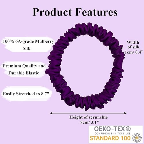 Miniatura 9 de Juego de 6 coleteros de seda de morera 100% pura con 6 colores elegantes para todos los días, coleteros ajustados de seda, cuidado del cabello, sin