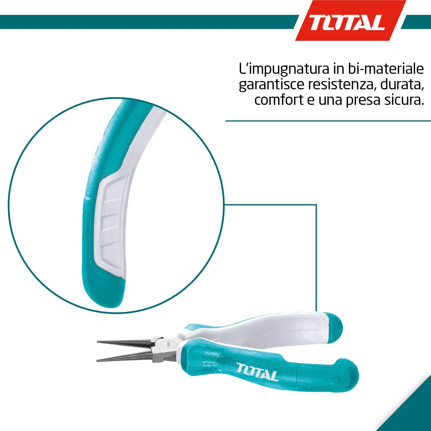 TOTAL - Mini pinze a becchi tondi | 115 mm | Ideale per gioielli | Compatto e versatile | Massima precisione | Realizzato in cromo vanadio | Manico bimateriale