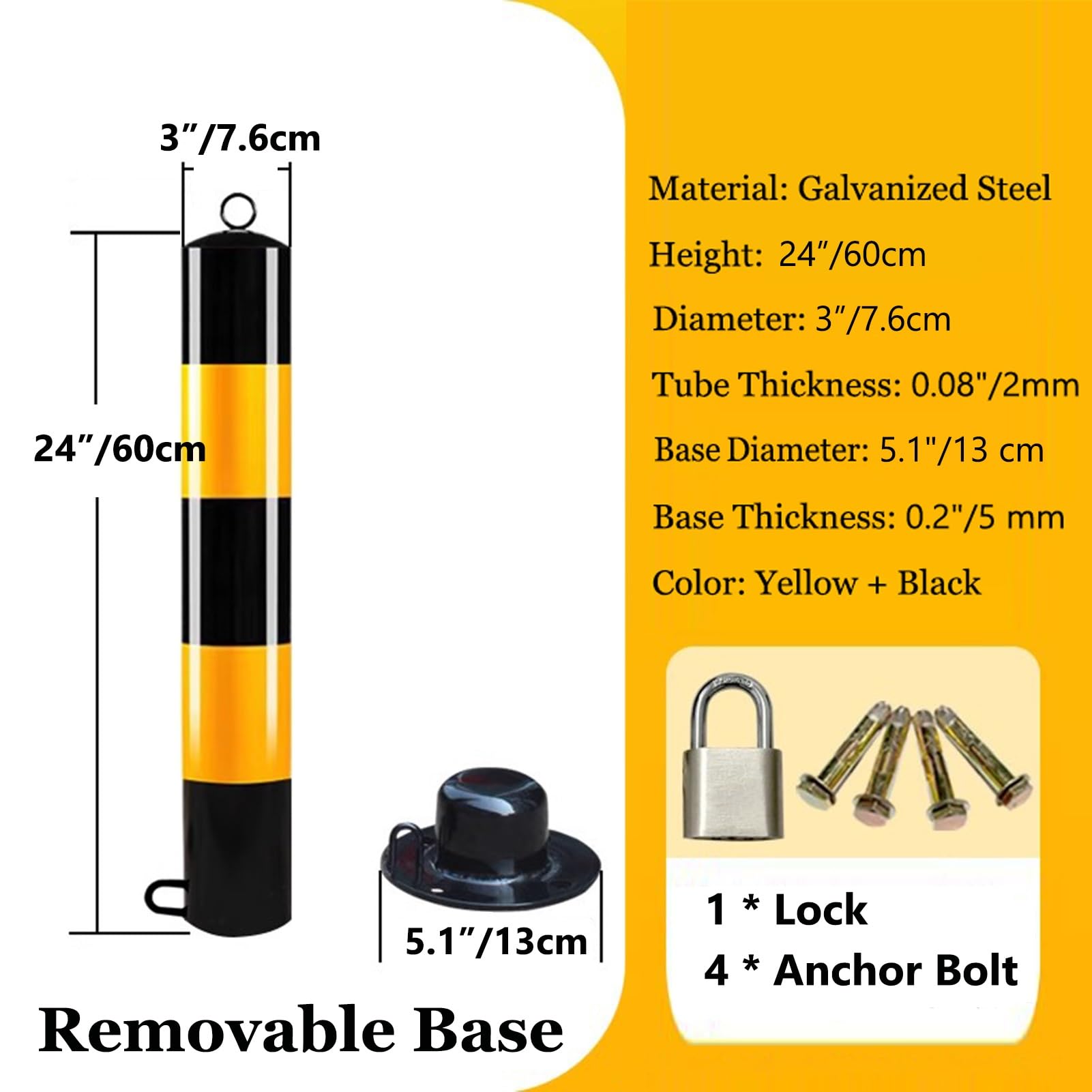 Bollard de Sécurité Borne De Sécurité Avec Base Amovible Et Verrou, Bornes De Sécurité En Tube D'acier De 7,6 Cm De Diamètre Pour Le Contrôle De La Circulation Barrière D'allée Poteau De Stationnement