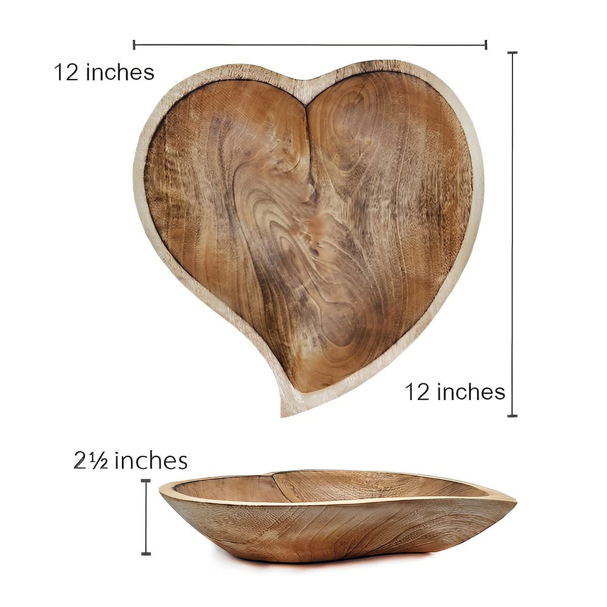 WitnyStore Cuenco con forma de corazón curvado de 12 pulgadas, cuenco funcional y coleccionable, cuenco de madera hecho a mano para servir caramelos, frutos secos, postres, frutas o decoración de