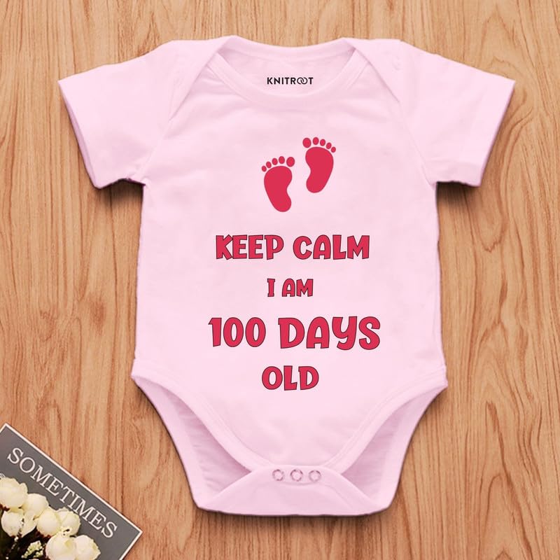 Image of KNITROOT New Born Theme, Keep Calm I Am 100 Days Old, Onesies, Unisex Baby Kids Half Sleeve 100% Cotton Romper, Sleepsuit, Bodysuit, 0-12 Months, Infant Cloths for Boys & Girls